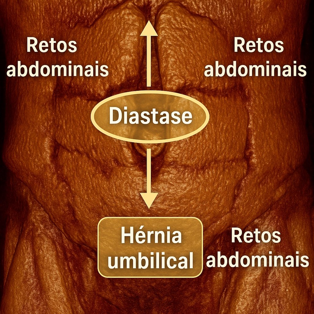 Renderização educativa da diástase dos músculos retos e de hérnia umbilical